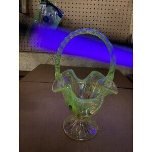 Pink Champagne Hand Painted Signed Art Uranium Carnival Glass Basket